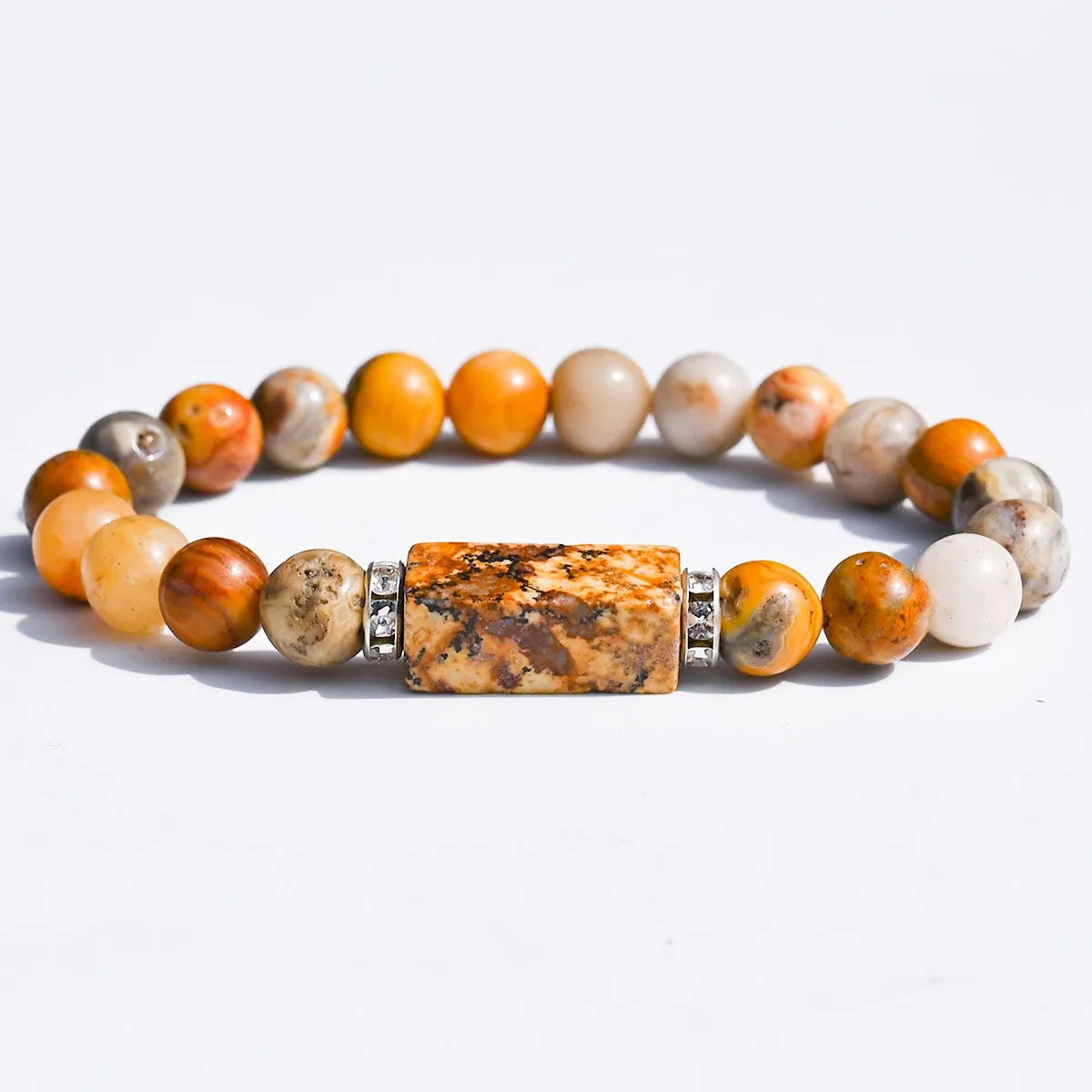 Natural Stone Bracelet: Featuring Rectangular Rose Quartz Plaques, Round Beads, Agate, Obsidian, and Raw Amazonite
