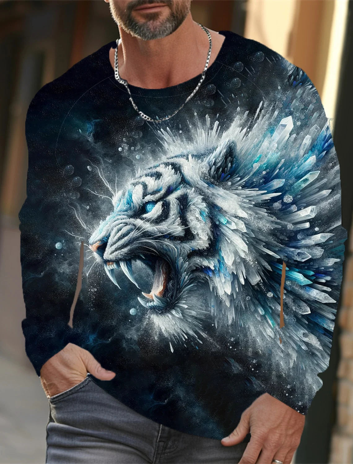 2024 New Tiger Print Pullover Autumn Winter Men's Casual Long Sleeve Round Neck Sweatshirt Streetwear Harajuku Men's Wear