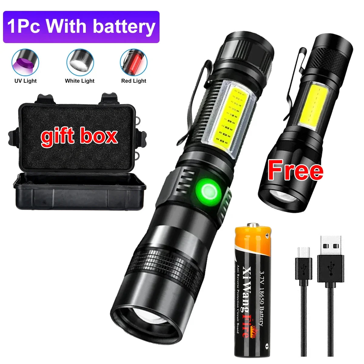 UV Light & Strong Light Flashlight USB Rechargeable Camping Lantern Pets Urine Stains Black Light Led Ultraviolet Torch Lamp