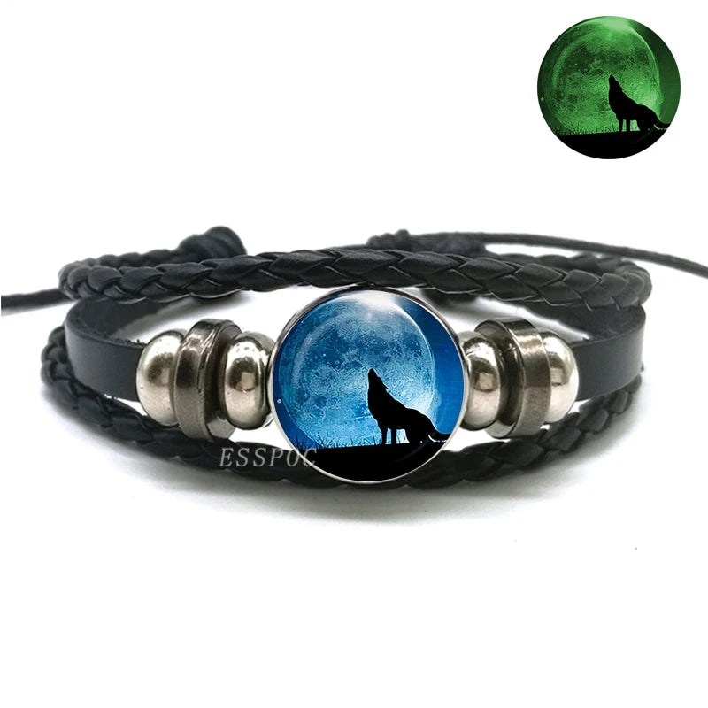Glow In The Dark Wolf Head Bracelet Multilayer Leather Bracelet Charm Women Men Fashion Luminous Bracelets Wolf Jewelry