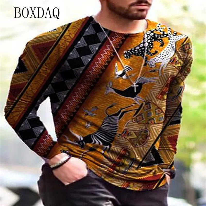 Long Sleeve Vintage Style Men's T-shirts Spring Autumn 3D Print Street Oversized Tops 6XL Plus Size Loose Casual Round-Neck Tee