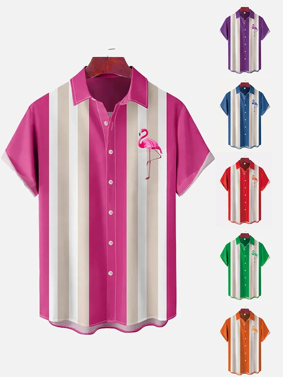 Men's street fashion summer daily shirt Hawaiian flamingo striped printed casual loose shirt short sleeved beach loose top