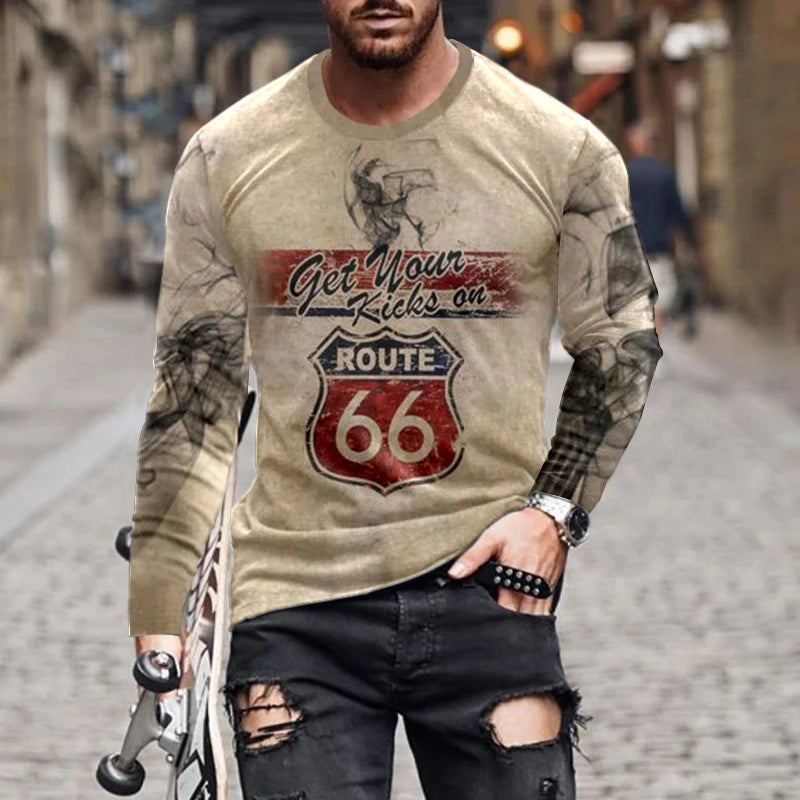2024 Men's T-shirts Long Sleeve 3d Print Top Casual Cotton Vintage T Shirt Vintage Route 66 Tee Loose Sports O-neck Clothing 5xl