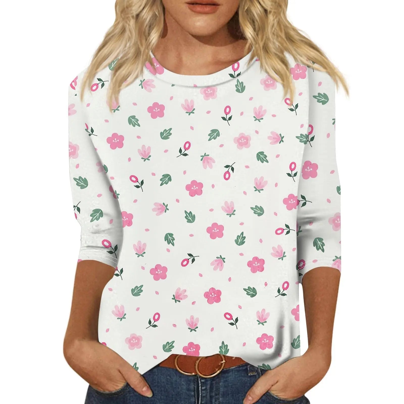 2025 New Women's Flower Fashion Print Long Sleeve T-shirt Sports Leisure Cute Polyester Ultra-thin Round Neck Long Sleeve
