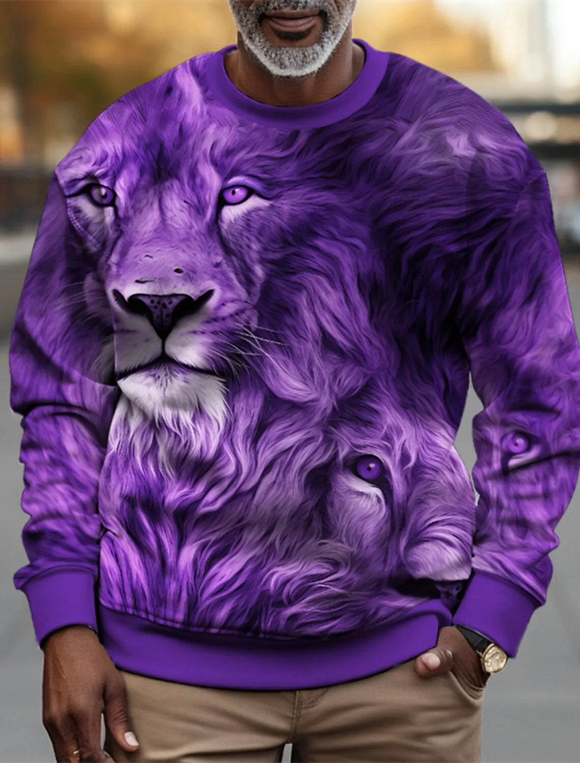 Men's Personalized Fierce Lion Animal Print Casual Sweatshirt Fashion Round Neck Pullover Sweatshirt Polyester Fabric Loose Fit