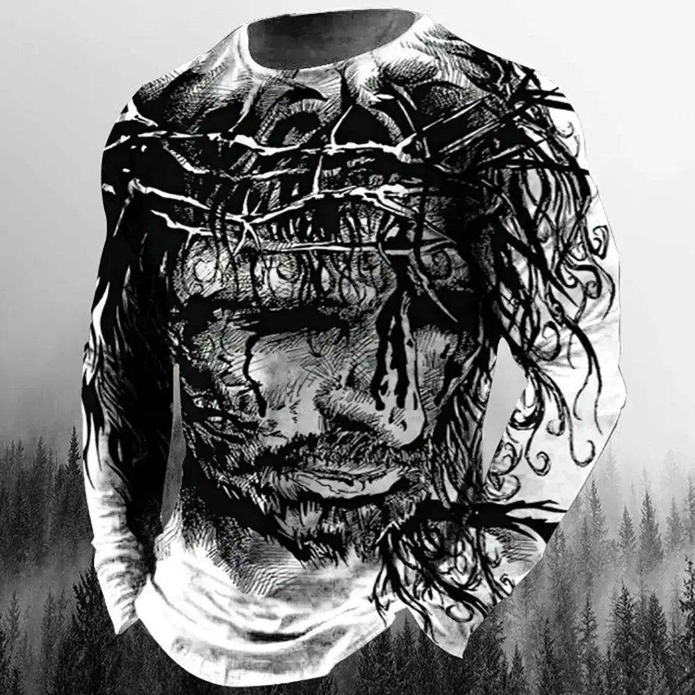 Fashion Casual Men's Long Sleeve T-Shirt 3d Printed Retro Jesus Christ Street Personality Loose O Collar Harajuku Oversized Top