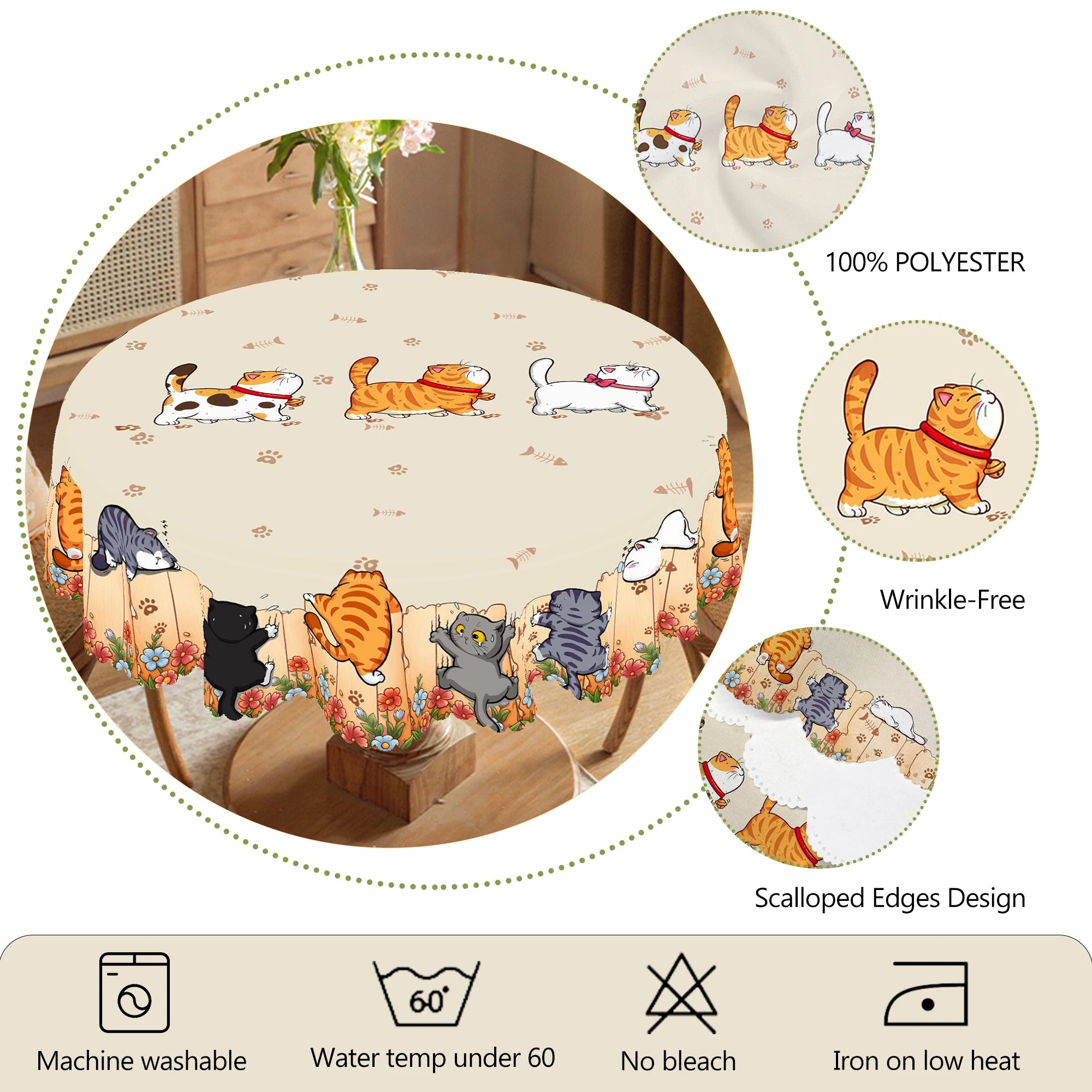 1 Piece of Cute Cat Round Tablecloth, 5 Sizes Available, Cute Cartoon Cat Pattern Printed Desk Tablecloth, Edge Embossing Process, Courtyard Bedroom Decoration, Tablecloth for Daily Home Kitchen, Terrace Use, Spring Decoratio