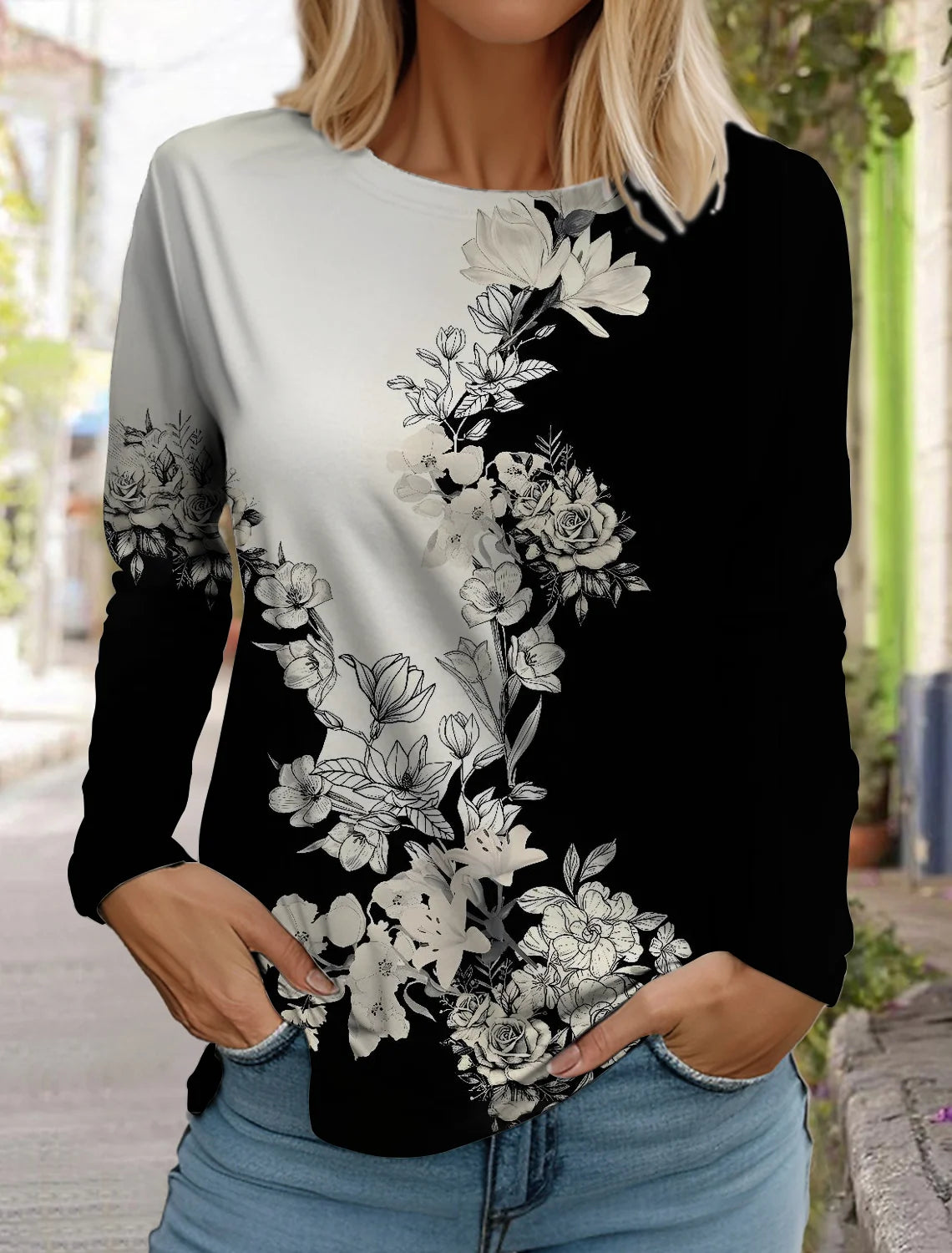 2024 women's fashion retro tops long sleeve round neck pullover casual long sleeve t-shirt new 3d printed lotus print t-shirt