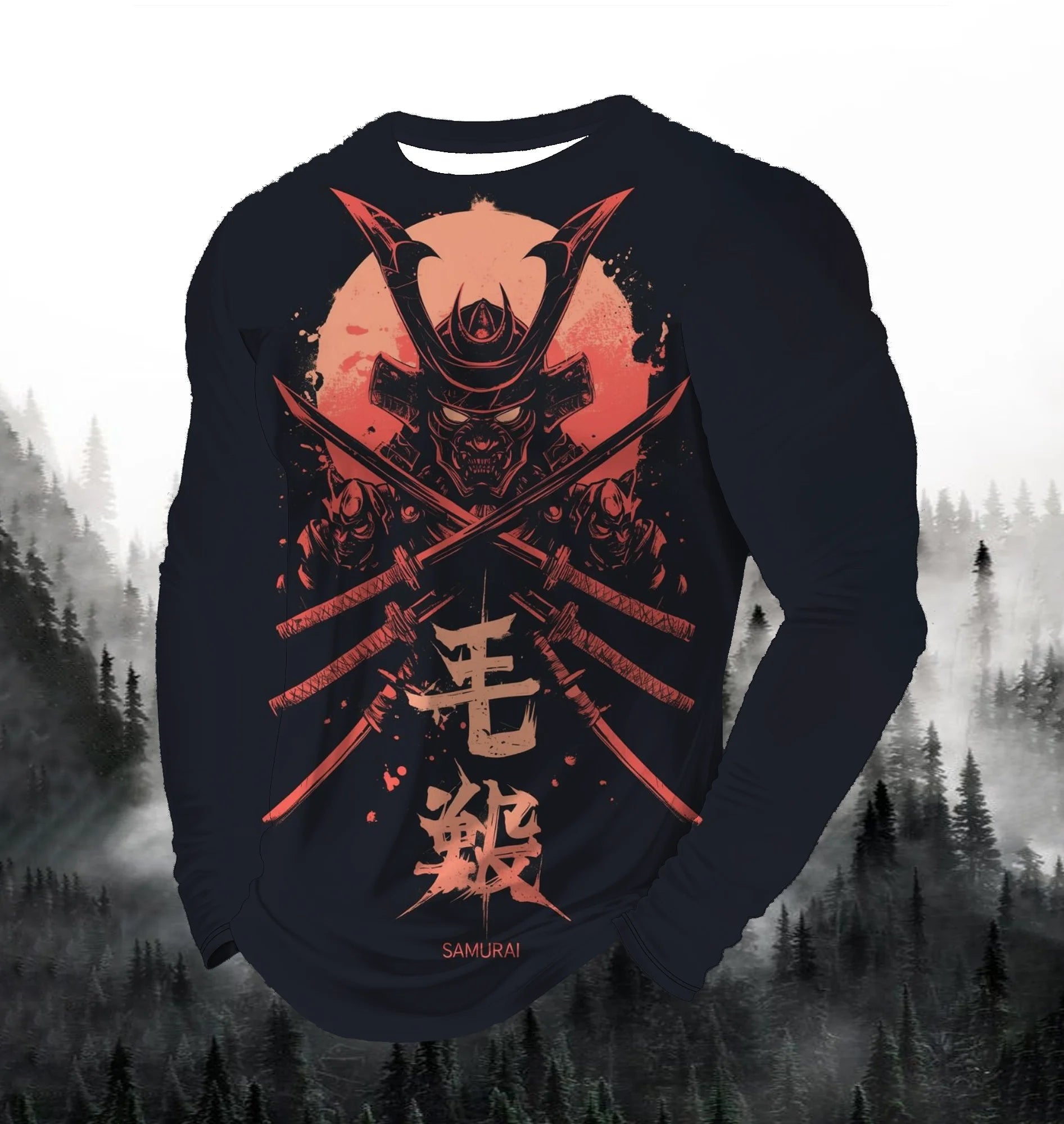 2024 Men's Fashion Printed Round Neck Long Sleeve Autumn Sports Leisure Pullover Men's 3D Japanese Samurai Printed Loose Tops