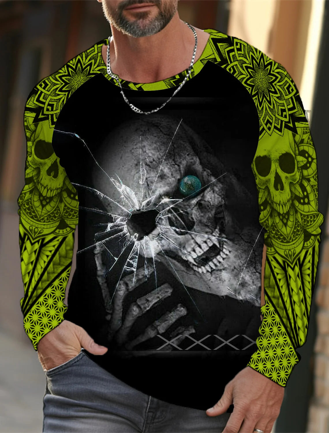 Men's long-sleeved T-shirt 3D printed high-definition skull stitching printing men's autumn tops casual round neck home clothes