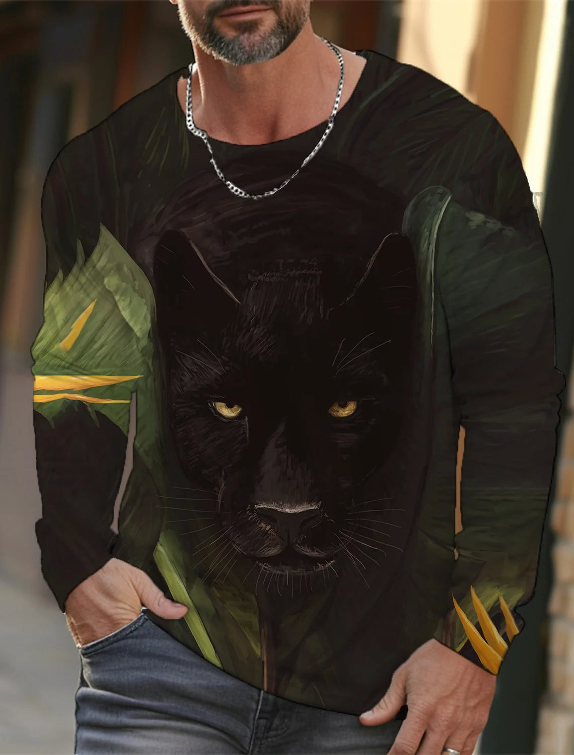 Men's long-sleeved T-shirt 3D printing HD leopard print men's long-sleeved T-shirt autumn tops casual round neck home clothes