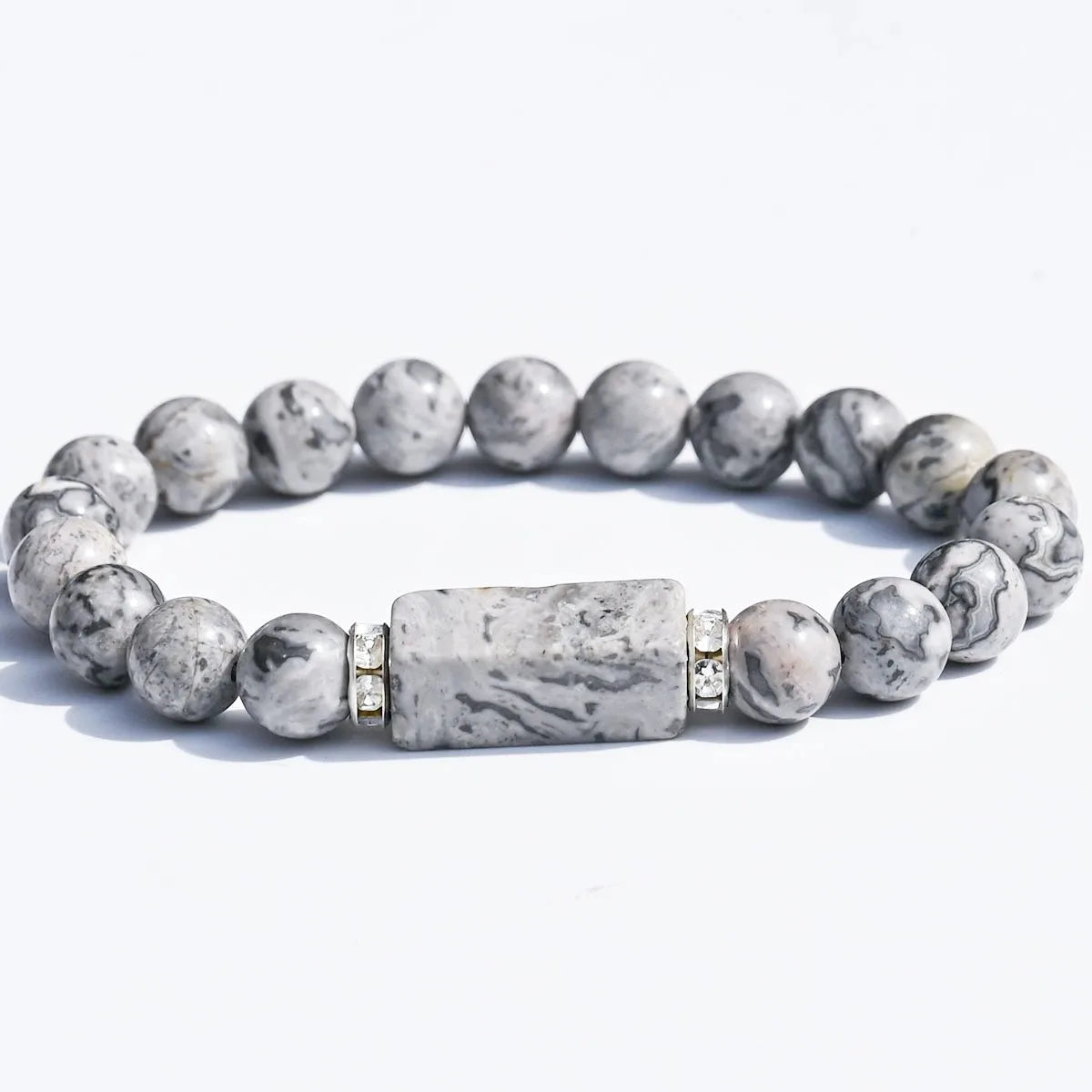 Natural Stone Bracelet: Featuring Rectangular Rose Quartz Plaques, Round Beads, Agate, Obsidian, and Raw Amazonite