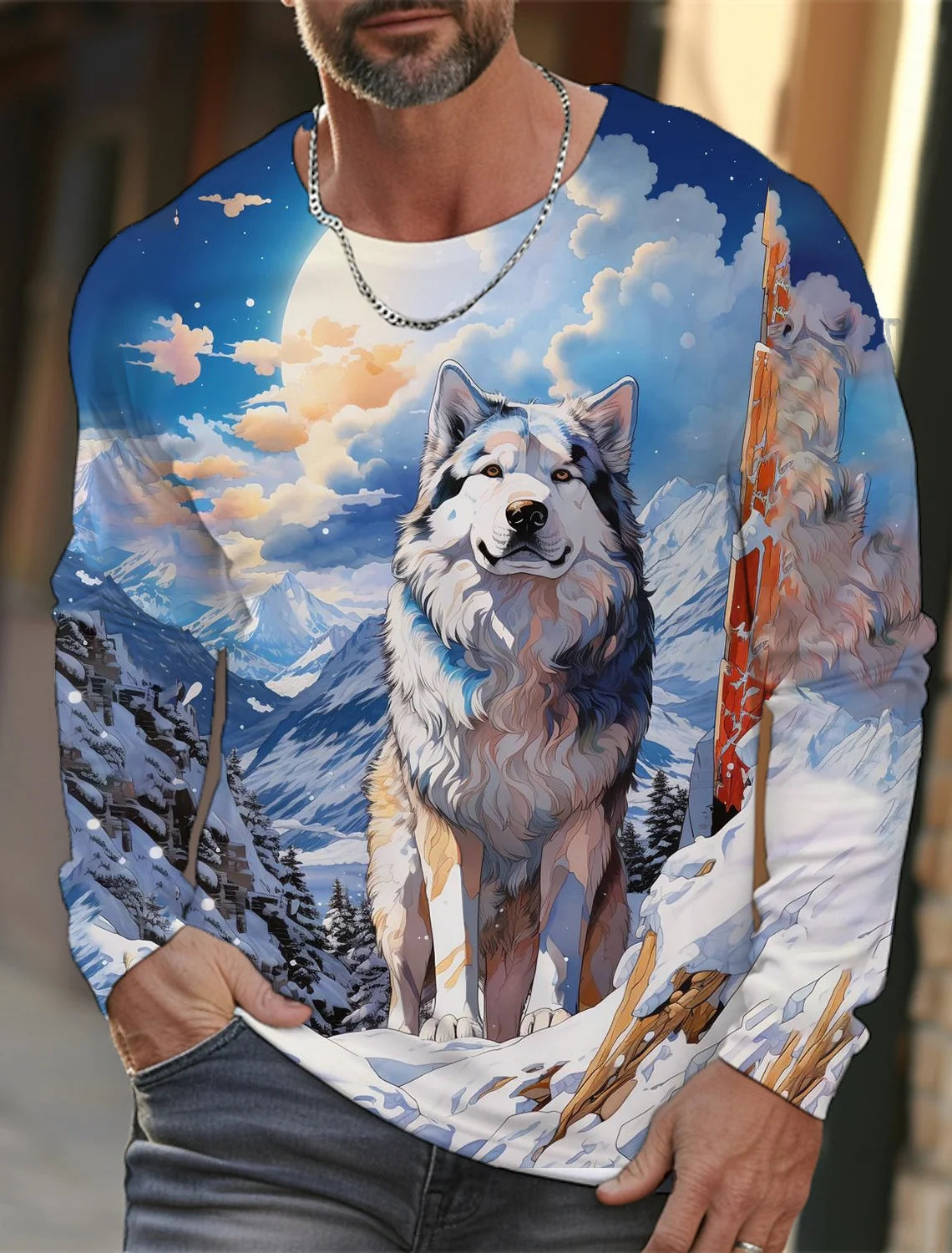 2024 new men's Ukiyoe long-sleeved T-shirt 3d printed high-definition wolf print men's autumn top casual round neck T-shirt
