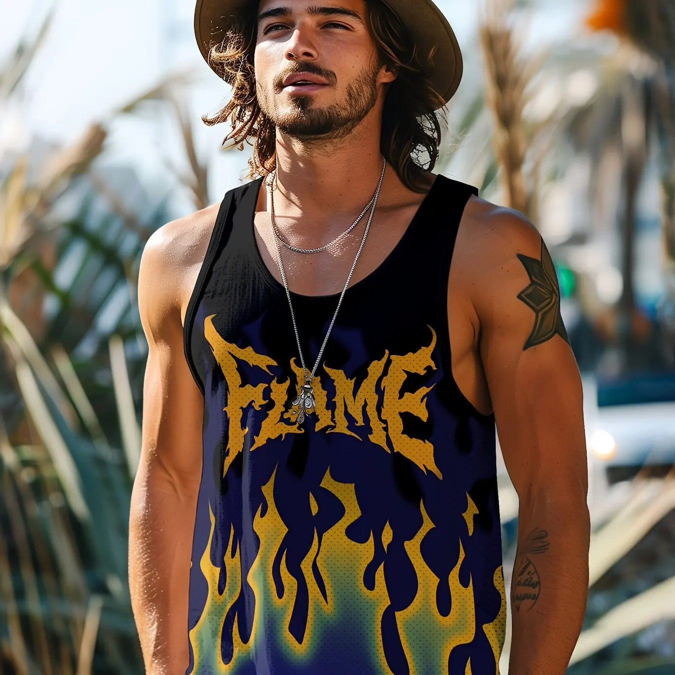 Summer Men's Vest Retro Totem Printed Round Neck Clothing Sleeveless T-shirt Printed Large Size Daily Sports Fitness Running Top