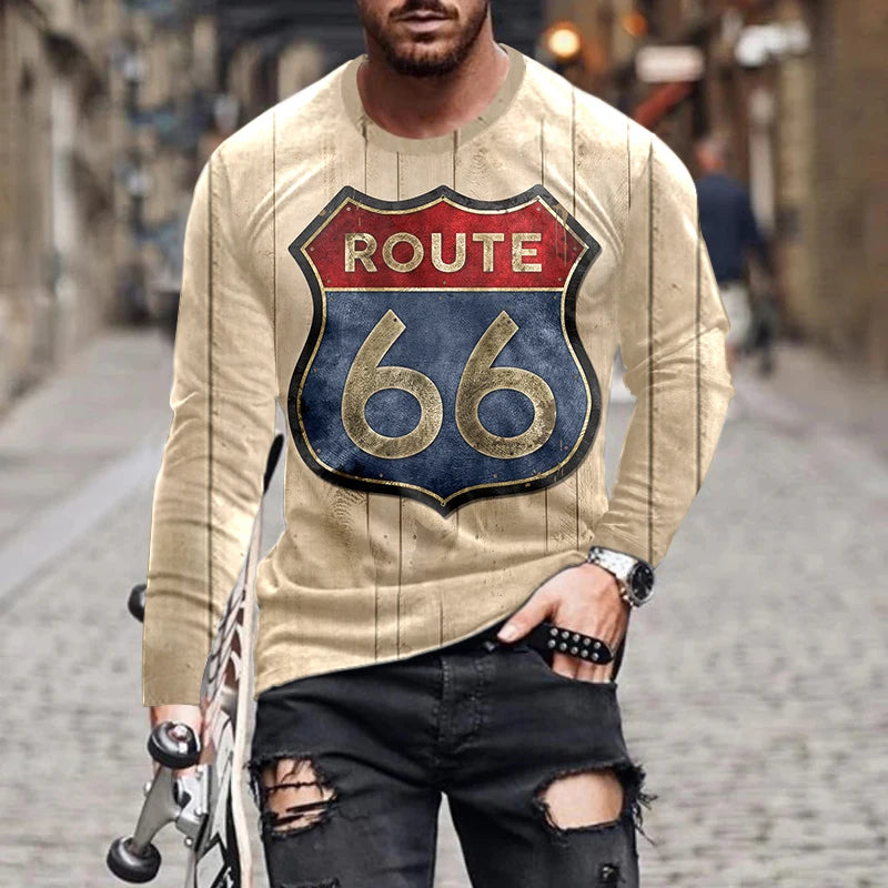 2024 Men's T-shirts Long Sleeve 3d Print Top Casual Cotton Vintage T Shirt Vintage Route 66 Tee Loose Sports O-neck Clothing 5xl