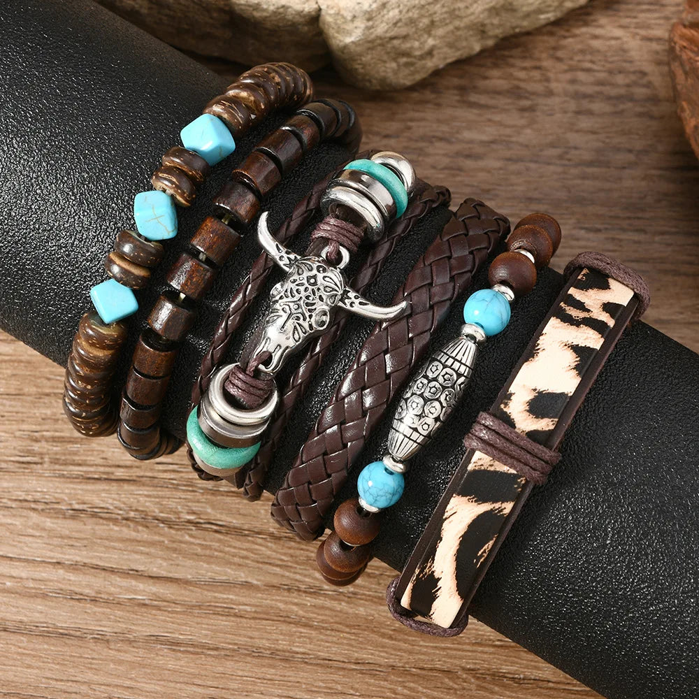 Bohemia Ethnic Leather Men’s Bracelets Vintage Bull Head Multi Layer Cowhide Wooden Beaded Leather Bracelets Gifts