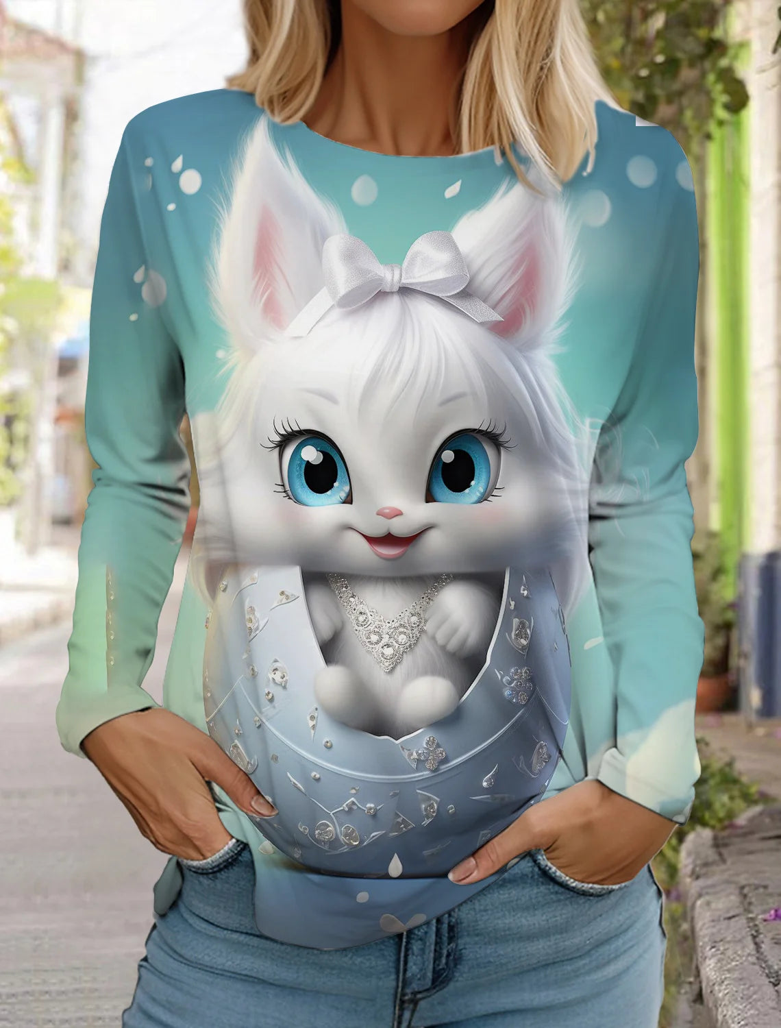 2024 Autumn and Winter Women's Long Sleeve 3D Printed Kitten Cute Print T-Shirt Women's Streetwear Round Neck Long Sleeve