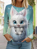 2024 Autumn and Winter Women's Long Sleeve 3D Printed Kitten Cute Print T-Shirt Women's Streetwear Round Neck Long Sleeve