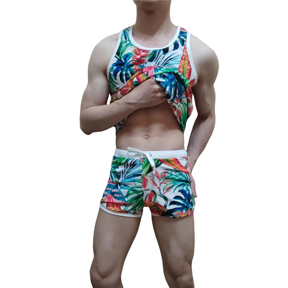 Sets Men's Tank Top Men's Sleeveless Top and Swimming Trunks Short Beach Pants Ice Silk Print Comfortable Fashion Outdoor Sports