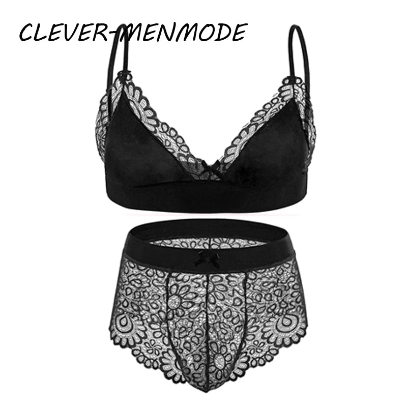 Men Sexy Crossdressing Erotic Sissy Lingerie See Through Mesh Lace Gay Underwear Male Bra Top Transparent Boxers Fetish Customs