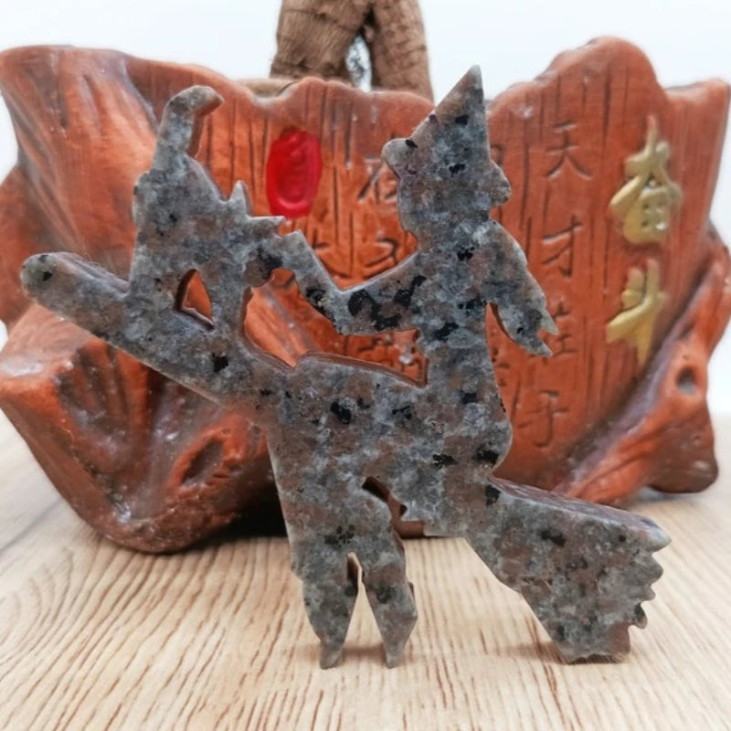 Natural Hand‑Carved Yooperlite Witch on Broom Figurine Home Desktop Decor Ornament Halloween Craft Gift