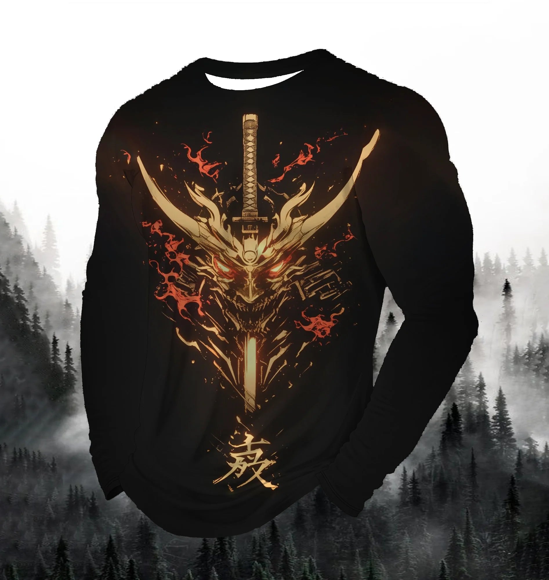 2024 Men's Fashion Printed Round Neck Long Sleeve Autumn Sports Leisure Pullover Men's 3D Japanese Samurai Printed Loose Tops