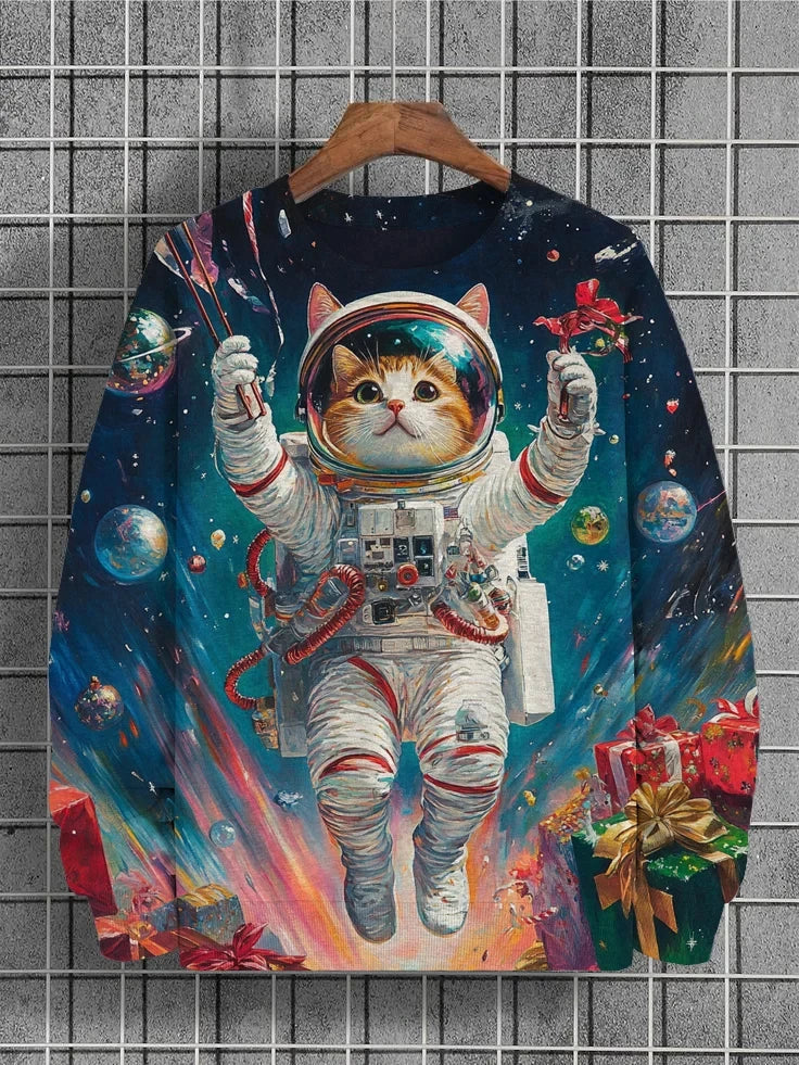 Men's Winter Skiing Animal Kitten Printed Casual Sweatshirt Fashion Round Neck Pullover Sweatshirt Polyester Fabric 2025 New