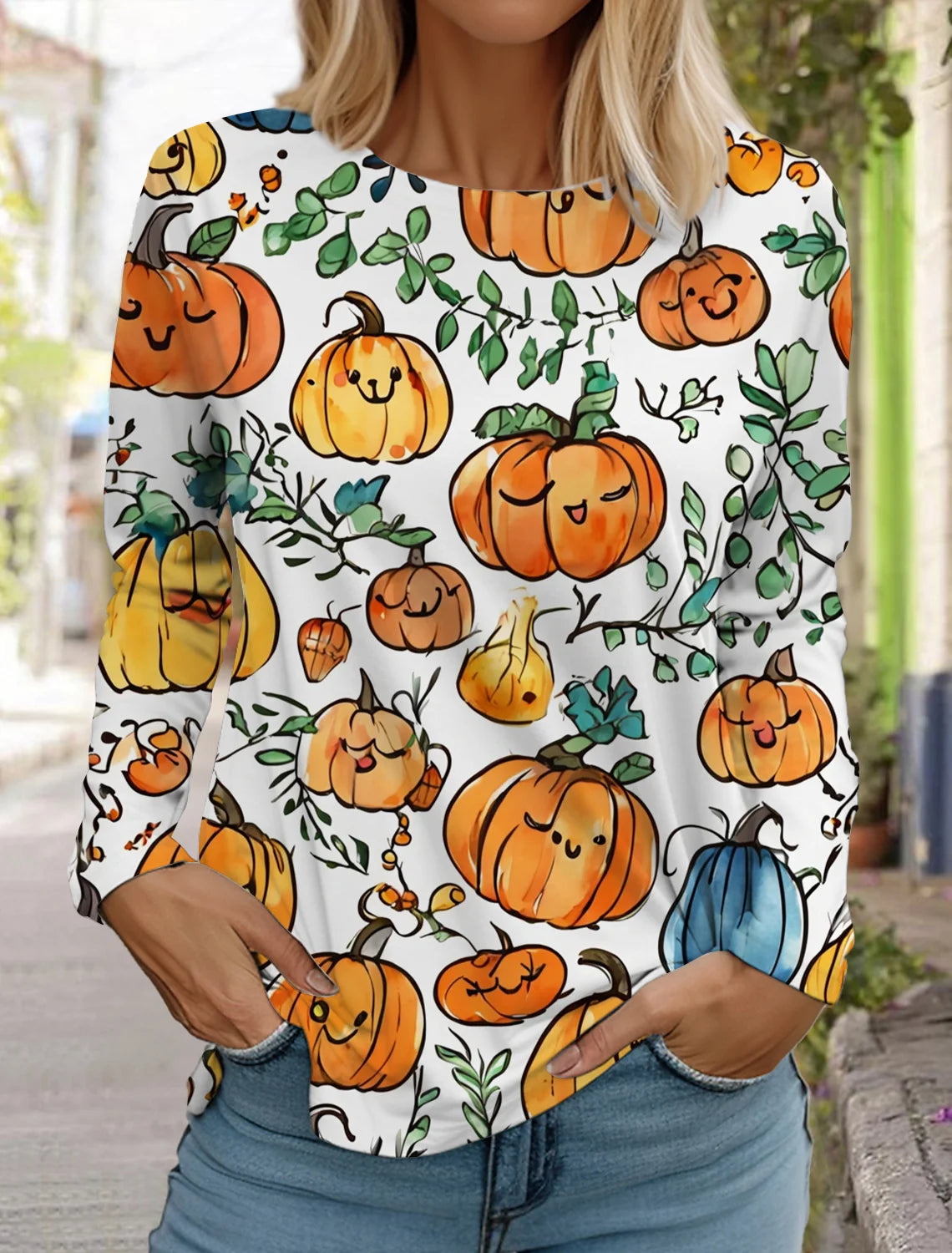 Halloween skull pumpkin print pullover autumn and winter women's casual long sleeve round neck sweatshirt men's clothing
