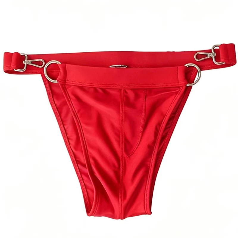 2026 Fashion seaside beach bilateral buckle swimming trunks European and American sports side open  low waist swimsuit 10101
