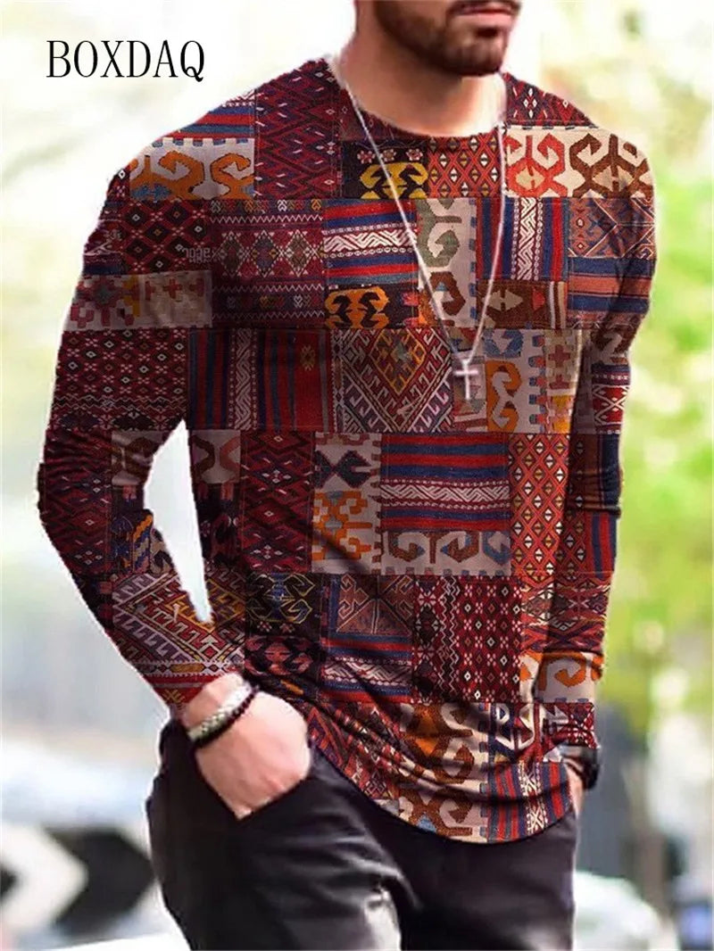 Long Sleeve Vintage Style Men's T-shirts Spring Autumn 3D Print Street Oversized Tops 6XL Plus Size Loose Casual Round-Neck Tee