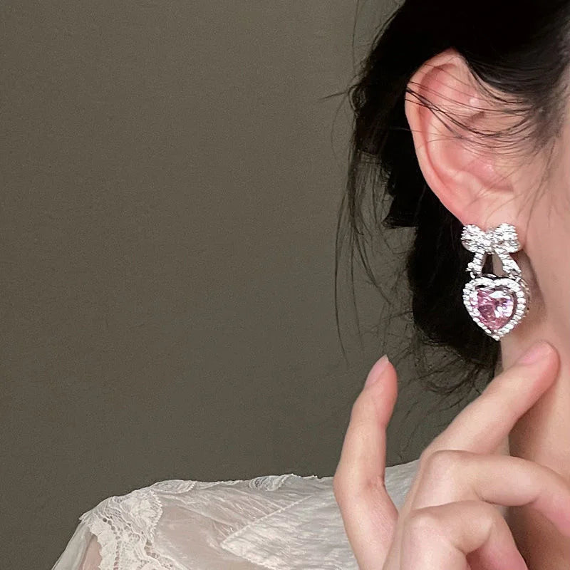 Exquisite Pink Heart Shape Bowknot Stud Earrings For Women Shining CZ Zircon
