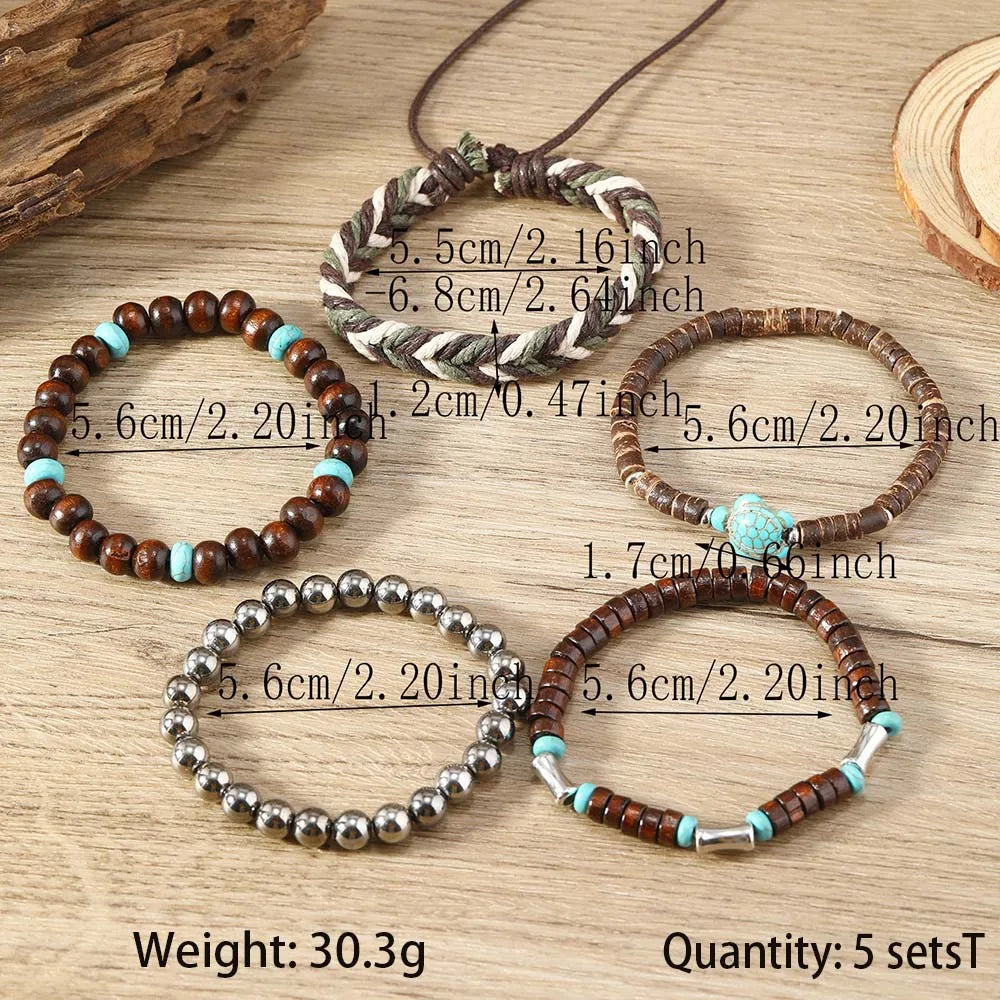 5-piece Bohemian Sea Turtle Vintage Wooden Shell Wax Rope Woven Bracelet Set