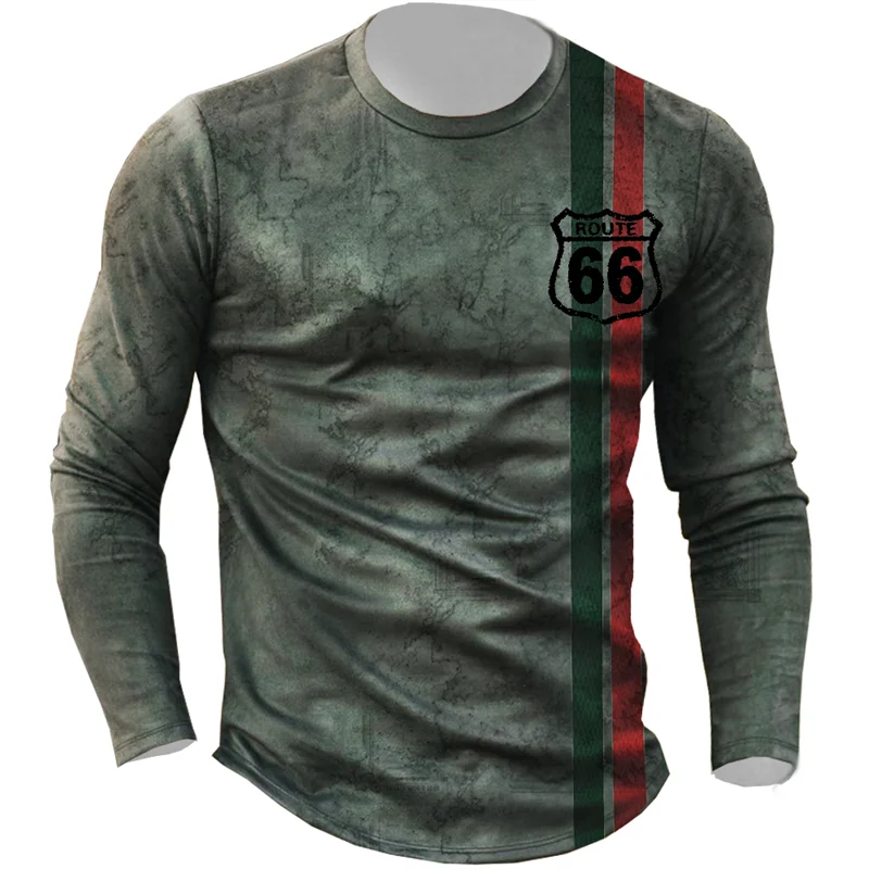 2024 Men's T-shirts Long Sleeve 3d Print Top Casual Cotton Vintage T Shirt Vintage Route 66 Tee Loose Sports O-neck Clothing 5xl