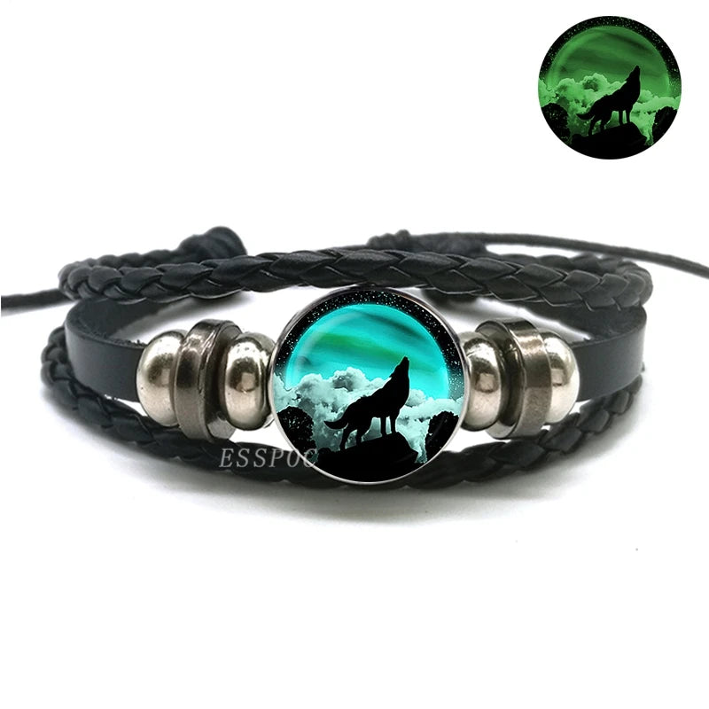 Glow In The Dark Wolf Head Bracelet Multilayer Leather Bracelet Charm Women Men Fashion Luminous Bracelets Wolf Jewelry