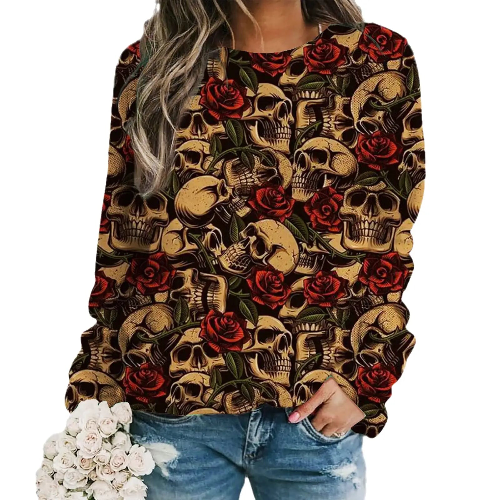 2024 New Women Halloween Crow Printed Casual Sweatshirt Round Neck Casual Basic Loose Fashion Women Designer Style