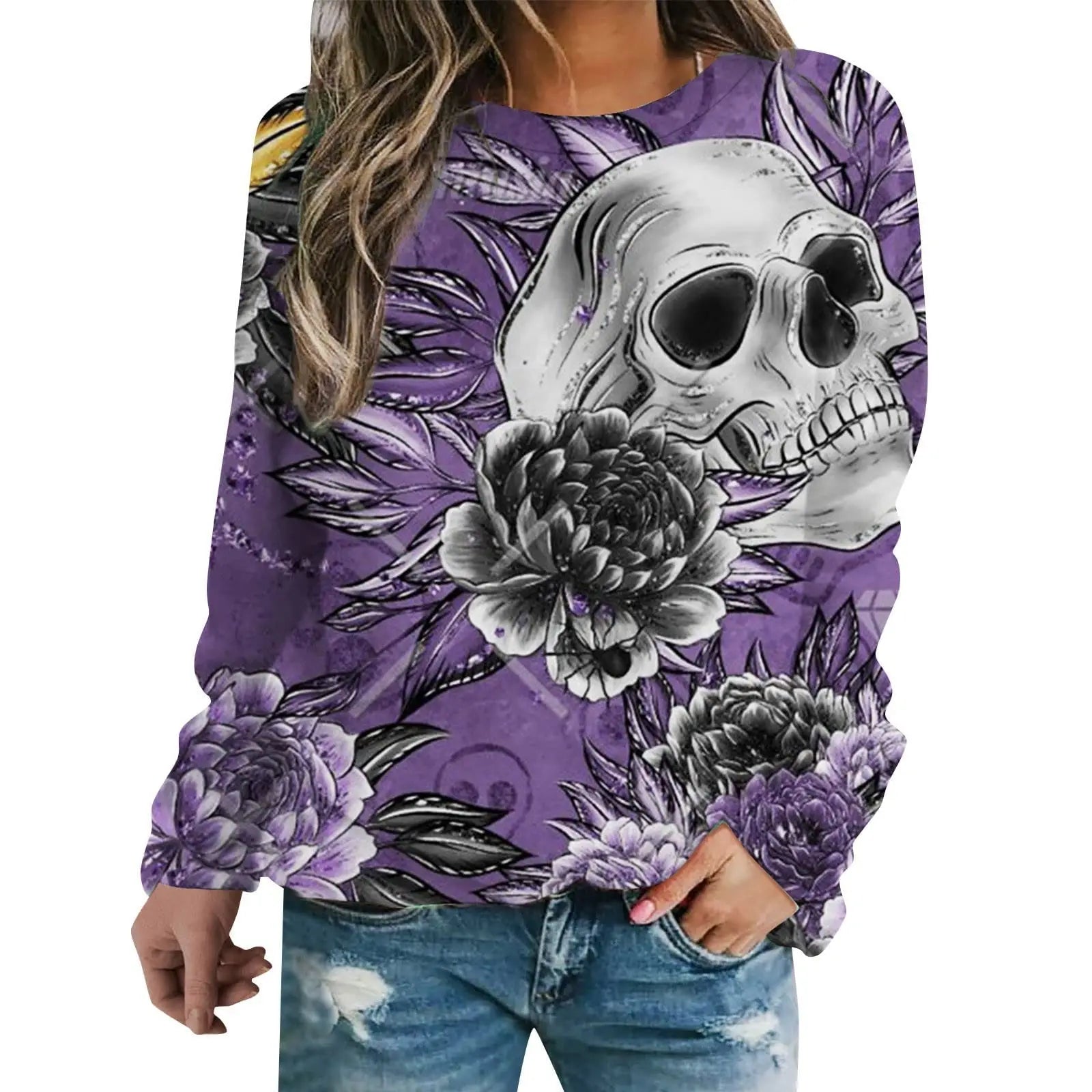 2024 New Women Halloween Crow Printed Casual Sweatshirt Round Neck Casual Basic Loose Fashion Women Designer Style