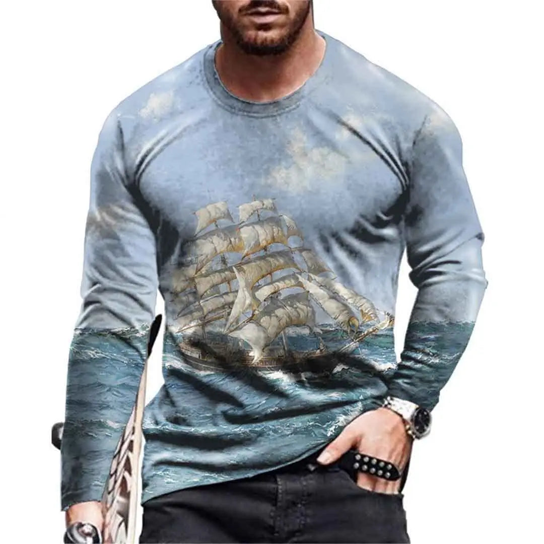 Vintage Men's Long Sleeve T Shirt 3D Navigation Sailing Ship Print Shirt Graphic T Shirt Clothing Sleeve Tops Men Streetwear