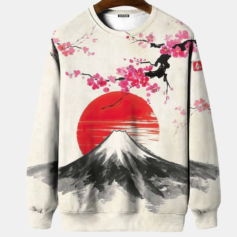 Japanese Ukiyo-e Hoodied Men's Sweatshirts Pullover Sea Wave Ramen Graphic Print Long Sleeves Hoodies Oversized Men Clothing Top