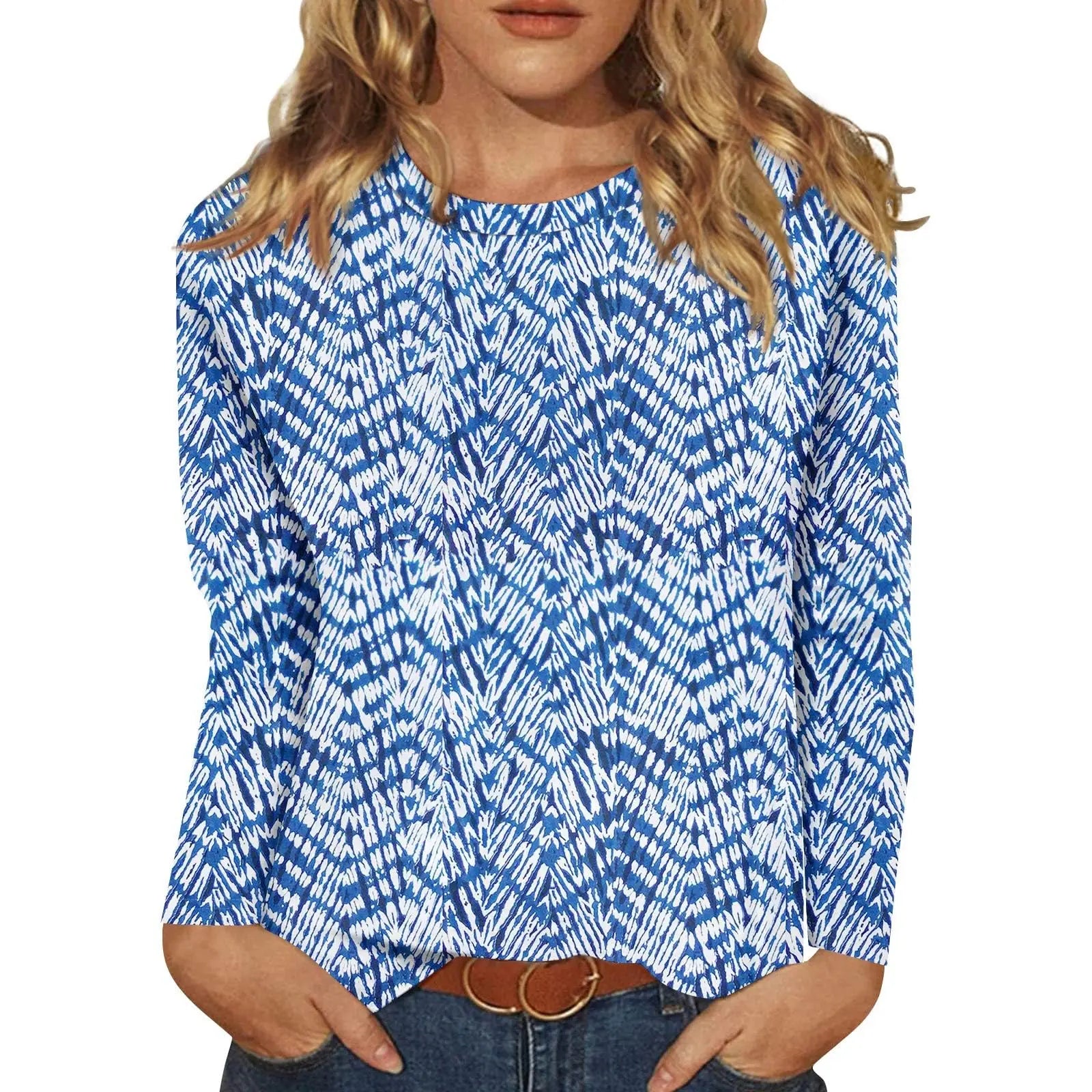 2025 New Women's Flower Fashion Print Long Sleeve T-shirt Sports Leisure Cute Polyester Ultra-thin Round Neck Long Sleeve