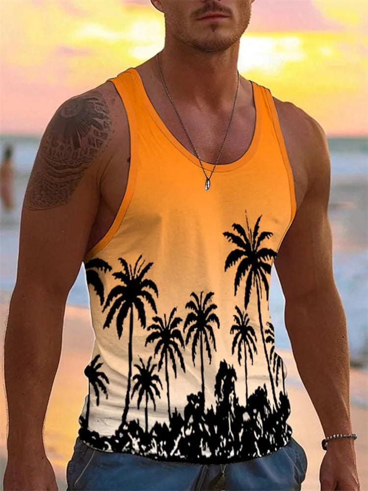 Summer Tank Top Men's Hawaii Beach Casual Clothing Quick Drying Silk Fit Sleeveless Shirt Mens Fashionable Body-Shaping Tank Top