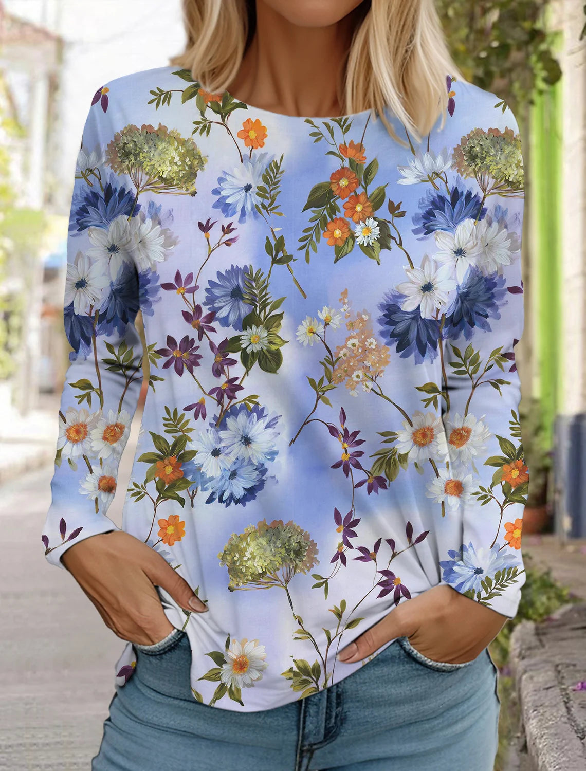 Women's white long-sleeved tops round neck casual tops 3d printed flowers fashion stickers printed women's long-sleeved T-shirt