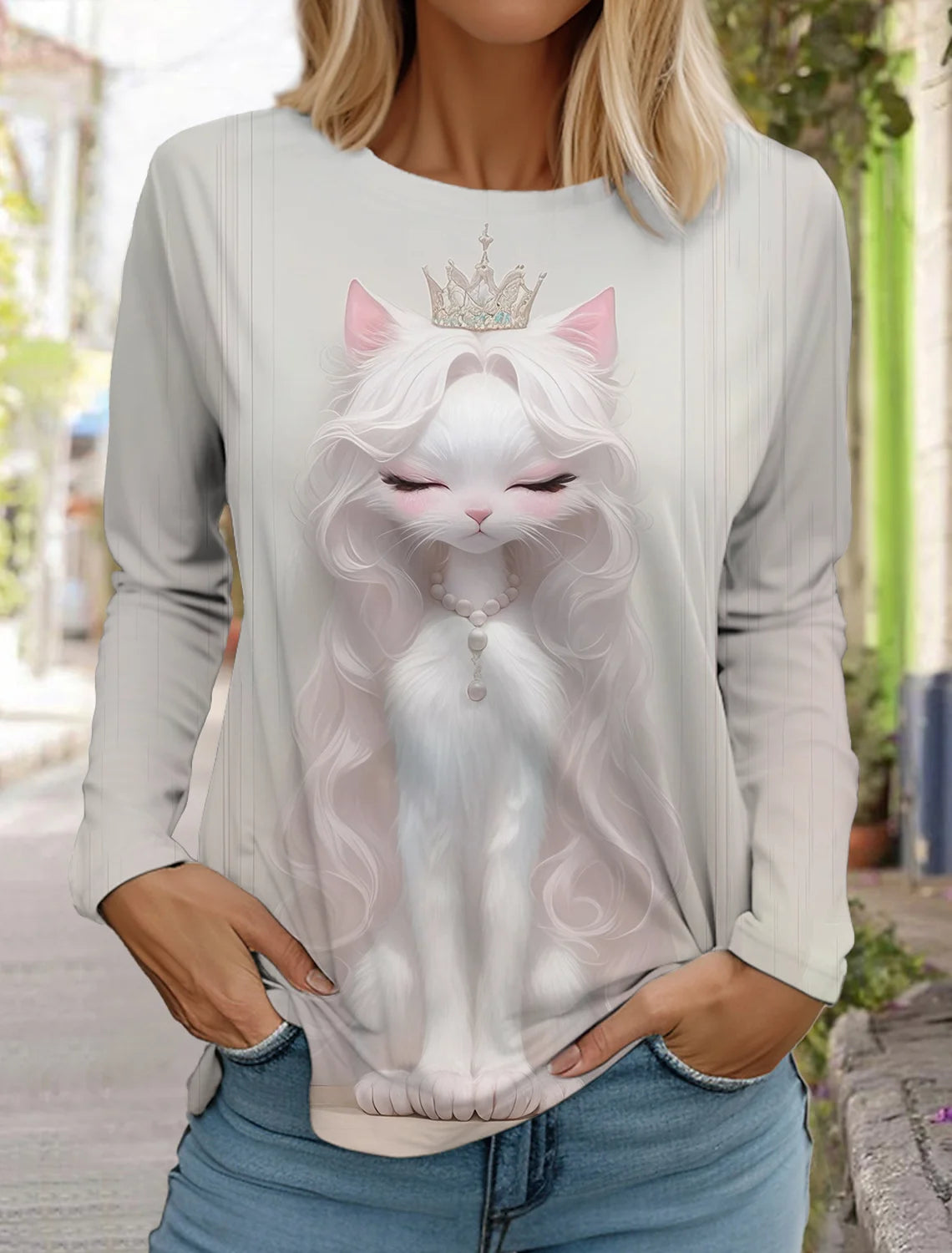 2024 Autumn and Winter Women's Long Sleeve 3D Printed Kitten Cute Print T-Shirt Women's Streetwear Round Neck Long Sleeve