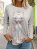 2024 Autumn and Winter Women's Long Sleeve 3D Printed Kitten Cute Print T-Shirt Women's Streetwear Round Neck Long Sleeve