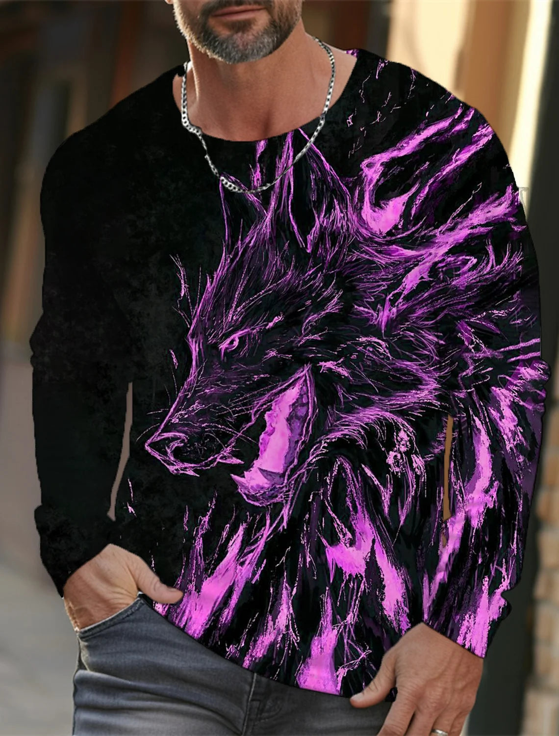 Men's long sleeve t-shirt 3d print high definition wolf animal hand-painted print men's autumn top casual round neck t-shirt