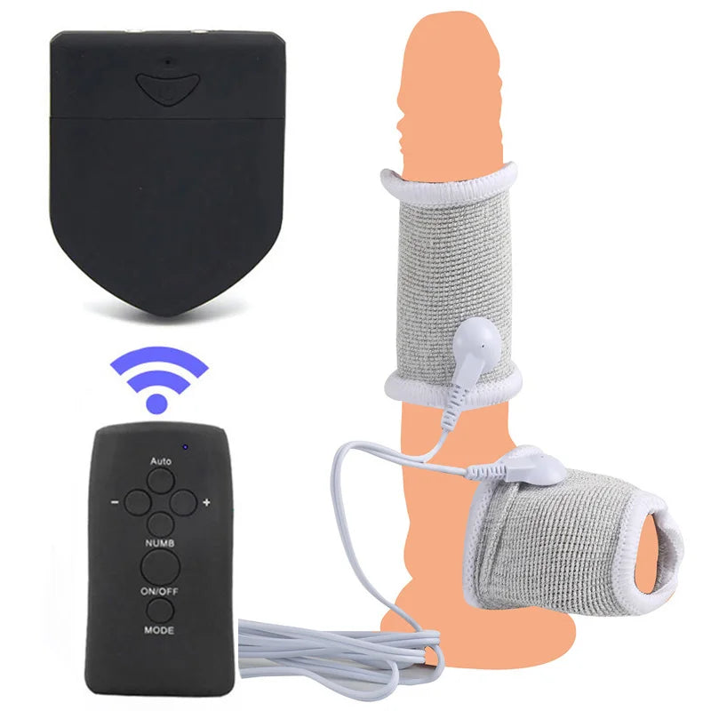 BDSM Electro Shock Conductive Fiber Penis Sleeve E-stim Scrotum Rings Electric Play Cock Therapy Enlargement Male Sex Products
