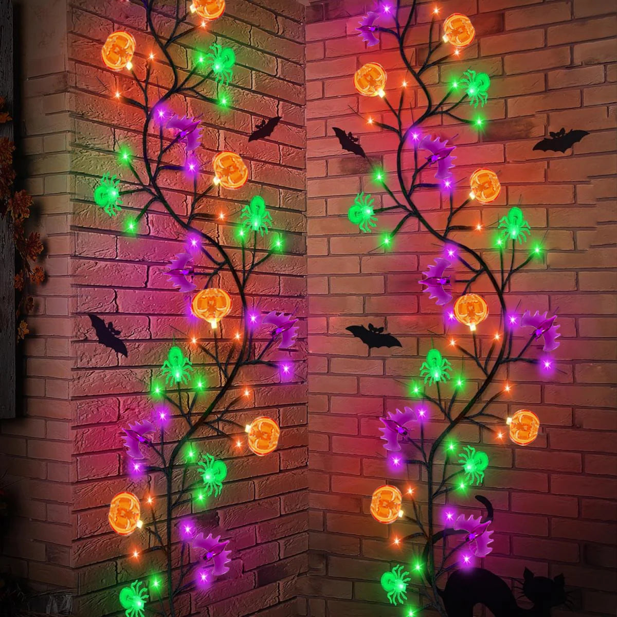 1PC 54 LED Halloween Decorative Black Willow Vine Lights With Orange Pumpkin Purple Bat Green Spider Waterproof 8 Light Modes