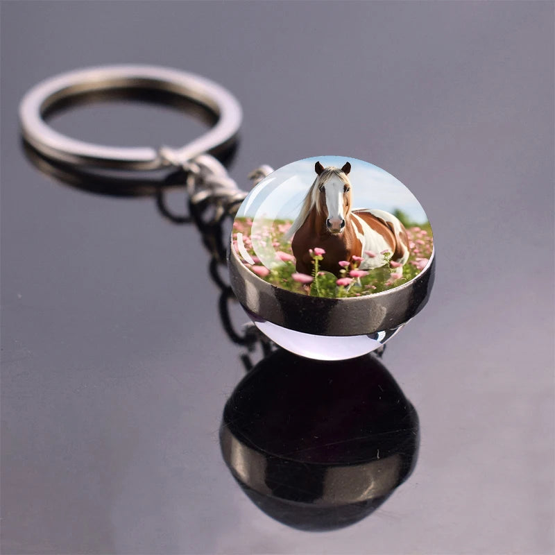Horse Pattern Keychains White Brown Horse Racing Double Sided Glass Ball Pendant Key Chain Fashion Animal Jewelry Keyring Gift