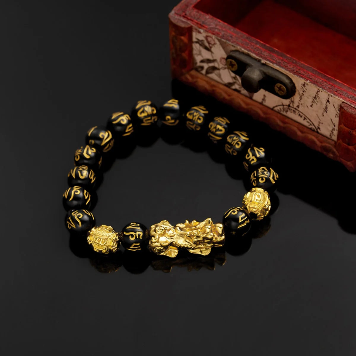 Feng Shui Gold Color Pixiu Bracelet For Women Men Chinese Lucky Wealth Black Obsidian Crystal Natural Stone Beads Bangle Jewelry