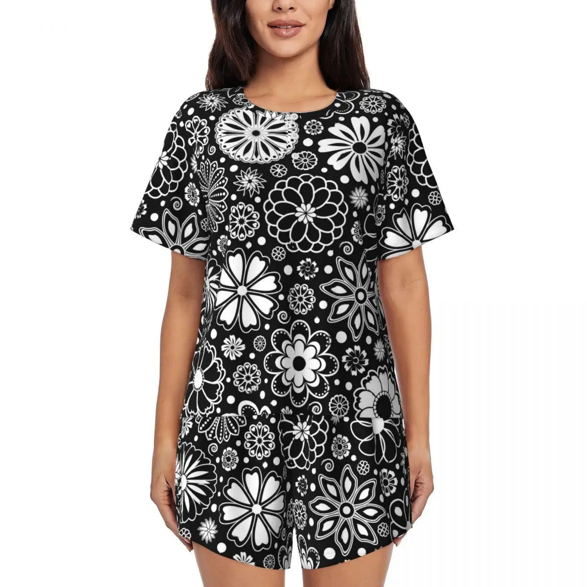 Flower Power Pajamas Spring 2 Pieces Purple Hippie Cute Pajama Sets Lady Short Sleeve O Neck Casual Custom Nightwear