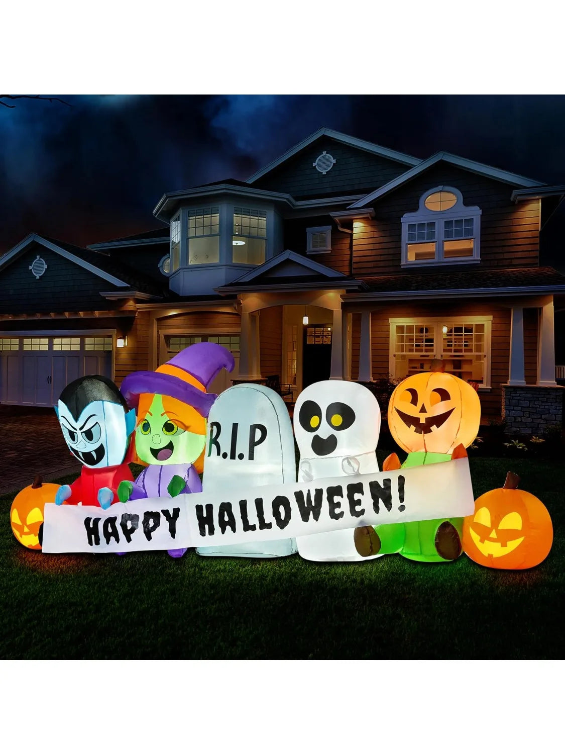 8 FT Long Pumpkin Ghost Vampire Witch Tombstone Inflatable Halloween Decor Outdoor